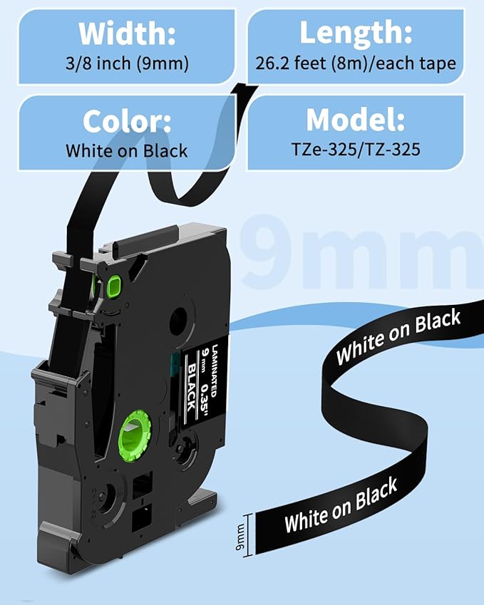 9mm Label Maker Tape White on Black Replacement for Brother P Touch TZe TZ Label Tape 9mm 0.35" Laminated, Compatible with PT-D210 PT-D220 PT-H110 PT-D410 PT-D610BT, 3/8 in x 26.2 ft, 2-Pack