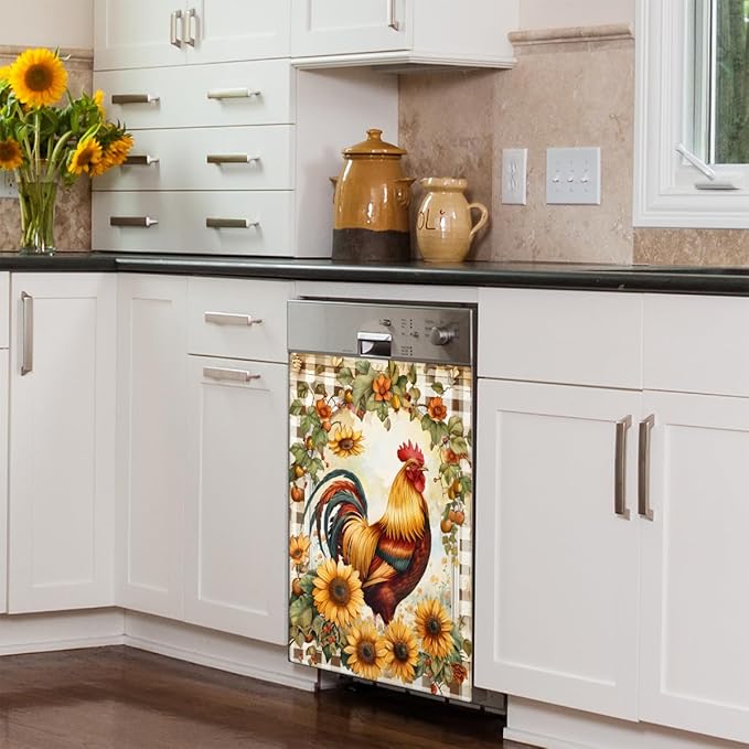 Rooster Sunflower Cute Flowers Dishwasher Magnet Cover, Reusable Refrigerator Panel Stickers Microwave Front Door Covers Magnets for Kitchen Home Appliances Holiday Party Decorations 23 X 26 in