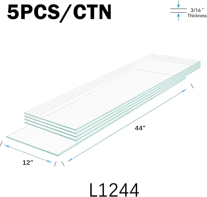 Floating Shelves - Pack of 5 Tempered Glass Shelves, 12" W x 44" L, 3/16" Thick, Polished Edges-– Rectangular Replacement Shelves for Cabinets, Display Cases & Retail Fixtures
