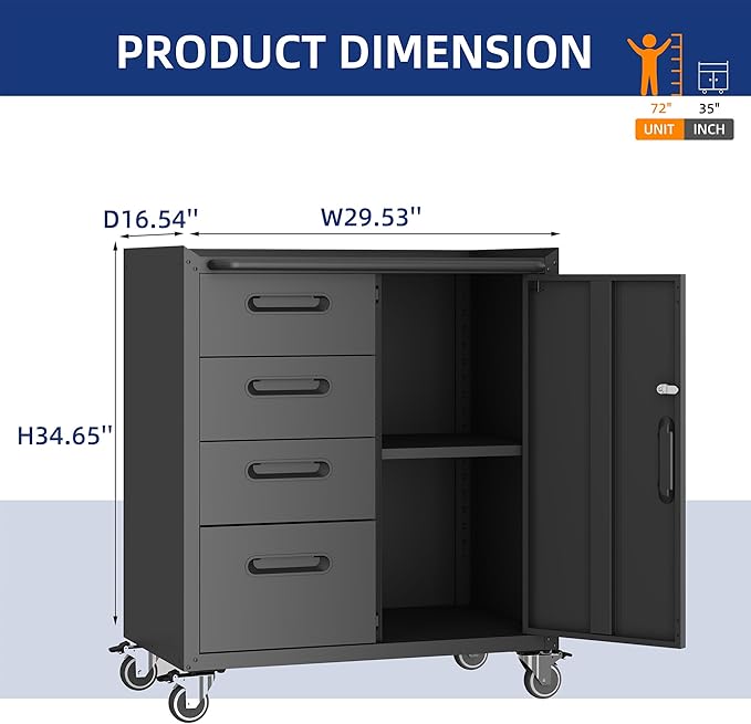 Metal Tool Cabinet,Garage Storage Cabinet System,Wall Cabinet & Locking Rolling Tool Cabinet with Doors and Adjustable Shelves,Steel Tool Cabinets for Home (2 Pcs-StyleF, Black)