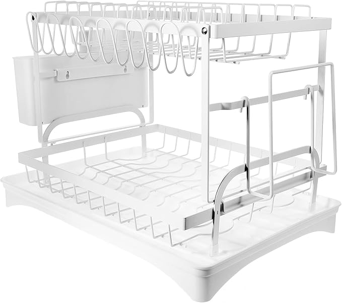 Bowl Draining Rack and Kitchen Dish Draining Stand, White Multifunctional Countertop Drying Rack with Cutting Board Holder and Utensil Cup, Dishwasher Safe for Home Kitchen