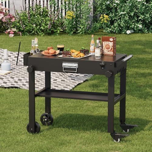 Takywep Black Folding Grill Cart, Portable BBQ Table with Wheels