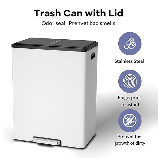 16 Gallon Dual Compartment Trash Can - Stainless Steel Kitchen Recycling Bin with Double Removable Inner Buckets, Step Pedal, Soft-Close Lid, Rectangular White Garbage Can for Efficient Waste Sorting
