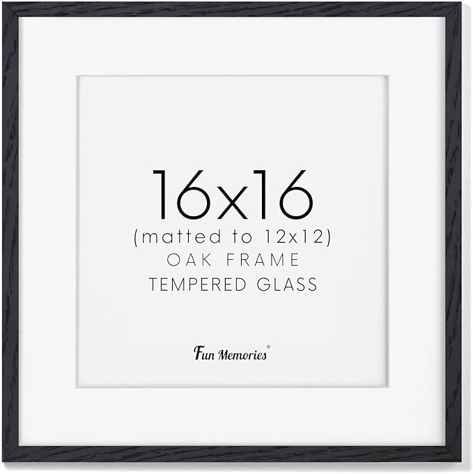 Fun Memories 16"x16" Picture Frame in Black, Solid Oak Wood Frame 16x16, 16x16 Frame Matted to 12x12, Square Photo Frame 16x16 Inch - Tempered Glass (Black, 1 Pack)