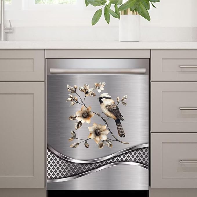 Imitation Stainless Steel Design Bird Pattern Dishwasher Cover Magnetic Sticker Refrigerator Door Panel Cover Fridge Appliance Magnet Decal Sheet 23x26 inch