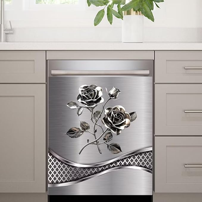 Imitation Stainless Steel Design Flower Pattern Magnet Dishwasher Cover Sticker,Kitchen Decor Refrigerator Magnets Decorative Fridge Magnetic Decal Vinyl Panel 23Wx17H inch