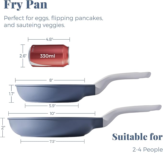 PRICUSIS Nonstick Ceramic Frying Pan Skillet, 8+10 Inch Induction Compatible with Stay Cool Handle, Healthy PTFE PFAS & PFOA Free Omelet Pan, Dishwasher Safe (Blueberry Gray)