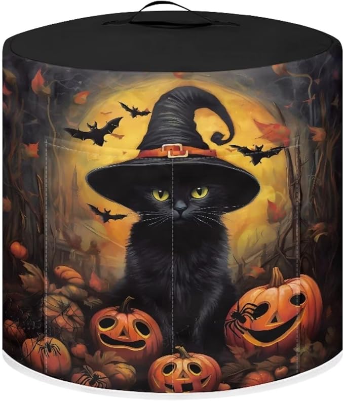 Pressure Cooker Cover for 6 Quart Air Fryer Accessories, Stain Resistant Electric Appliance Cover with Pockets for Halloween Decoration, Black Cat Witch Pumpkin