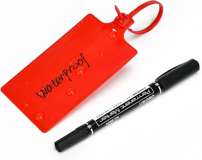 100 Red Plastic Writable Shipping Tags - Large, Waterproof, Hanging Label Tags with One Permanent Marker Pen