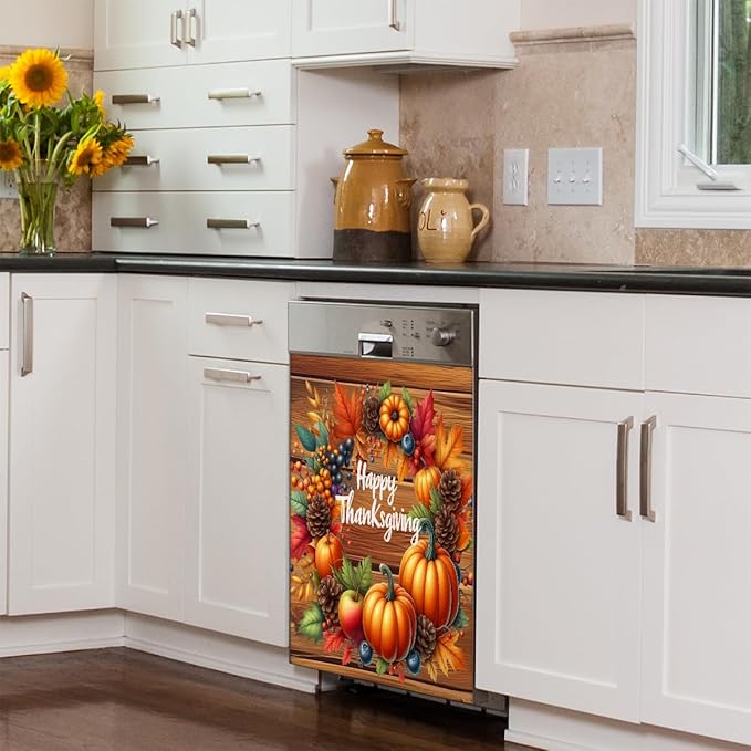 Thanksgiving Pumpkin Leaf Dishwasher Magnet Cover Magnetic Dishwasher Decorative Cover Front Dishwasher Door Covers Reuseable Dishwasher Covers Decal Decor for Kitchen Home Appliances Gift 23" X 26"