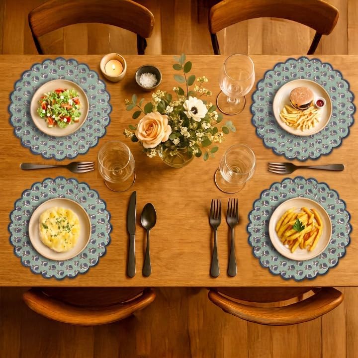 Ridhi Floral Block Print Round Placemats 15 Inch, Set of 4, Basil Green