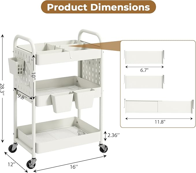 danpinera 3 Tier Rolling Cart with Retractable Dividers, Multi-Functional White Rolling Utility Cart with Pegboards, Hooks & Hanging Cups for Nursery, Living Room, Studio