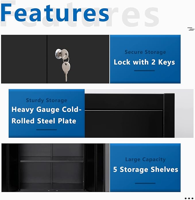 BESFUR Metal Storage Cabinet, 71" H Locking Storage Cabinet with 5 Adjustable Shelves, Metal Cabinets for Garage, Office, Home, Classroom- Black