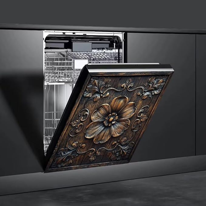 Flower Carved Wood Magnetic Dishwasher Cover Vinyl Sticker,Vintage Wooden Floral Dishwasher Magnet Cover,Rustic Wood Fridge Door Cover Magnets Art Skin Panel Decal for Home Decor, 23"X26"