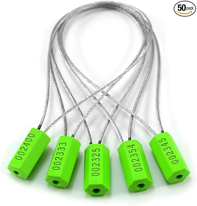 Pull-Tite Steel Security Cable Wire Seals - Numbered Anti-Tamper for Freight Containers, Truck Trailers - Metal Tags-Ties (Green, Pack of 50pcs)