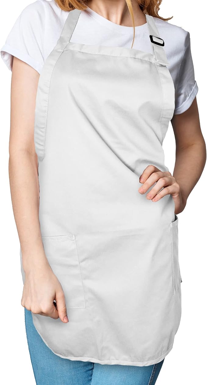DALIX Apron Commercial Restaurant Home Bib Spun Poly Cotton Kitchen Aprons (2 Pockets) in White