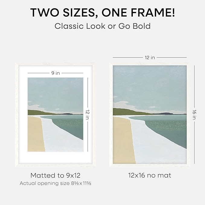 Homeforia 12x16 White Picture Frame, High End Oak 12x16 Wood Poster Frames with Mat 9x12 Print, 12 x 16 White Wooden Frame Matted to 9 by 12 Photo, 16x12 Thin Frame, Tempered Glass, Wall Kit, Set of 2