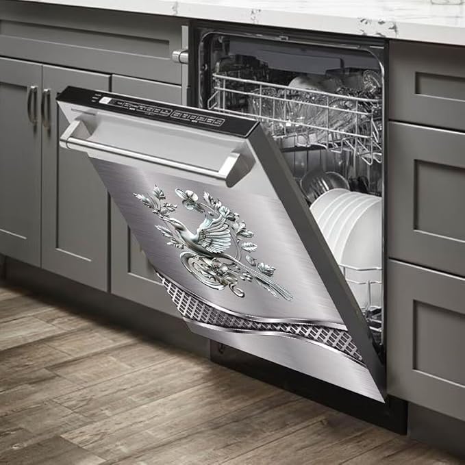 Imitation Stainless Steel Design Bird Painting Dishwasher Cover Magnetic Sticker Refrigerator Door Panel Cover Fridge Appliance Magnet Decal Sheet 23x26 inch