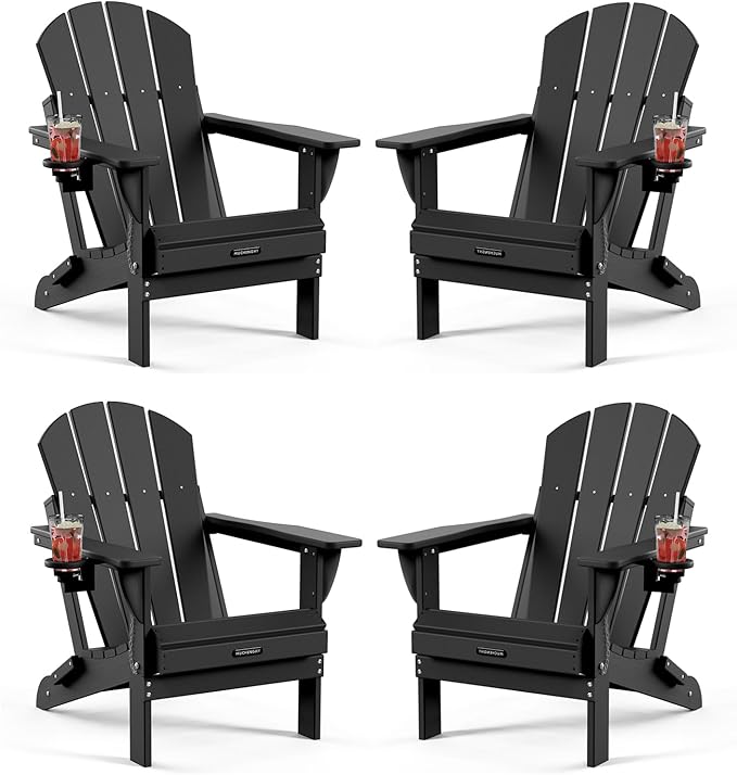 MUCHENGHY Folding Adirondack Chairs 4 Pack, Patio Chairs, Fire Pit Chairs, Outdoor Chairs, Plastic Adirondack Chairs, Lawn Chairs Weather Resistant with Cup Holder for Deck, Backyard, Garden(Black)