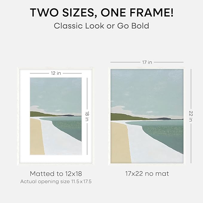 Homeforia 17x22 White Picture Frame, High End Oak 17x22 White Wooden Poster Frames with Mat 12x18 for Print, 17 x 22 Wood Frame Matted to 12 x 18 Photo, 22x17 Frame, Tempered Glass, Wall Kit, Set of 2