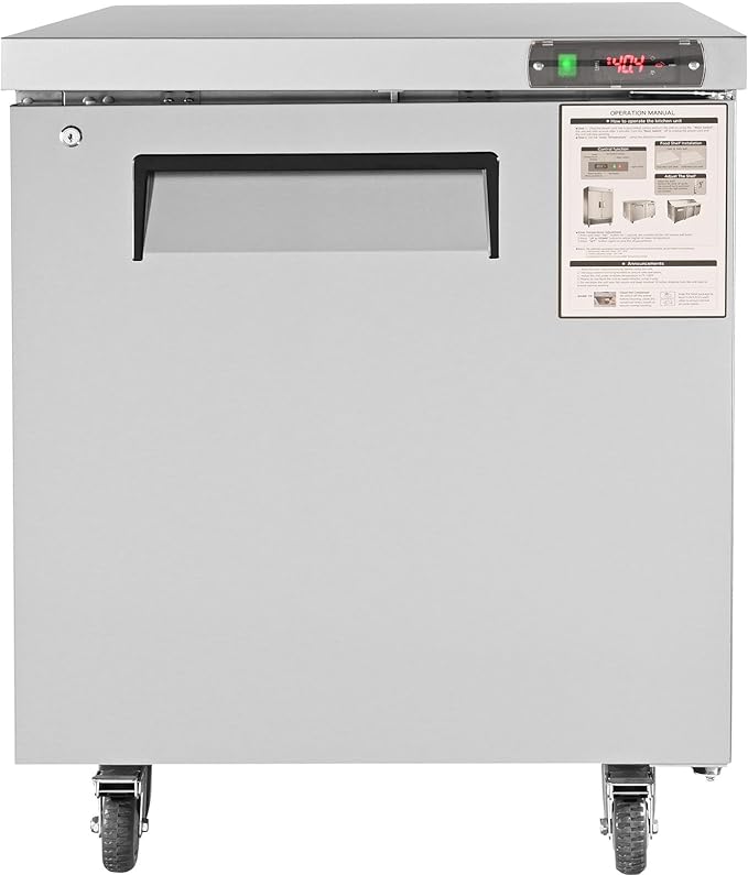 VEVOR 28" W Commercial Refrigerator, Undercounter Worktop Refrigerator, 7.4 Cu. Ft Thick Stainless Steel Refrigerated Food Prep Station Fan Cooling Single Door Worktop Fridge with lock for Bar
