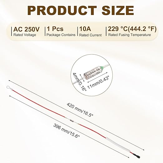 MECCANIXITY Universal Rice Cooker Temperature Fuse, 229°C 10A 250V Metal Thermal Fuse with Terminal and Ring Terminal Fiberglass Sleeving for Electric Pressure Cooker Repair Part