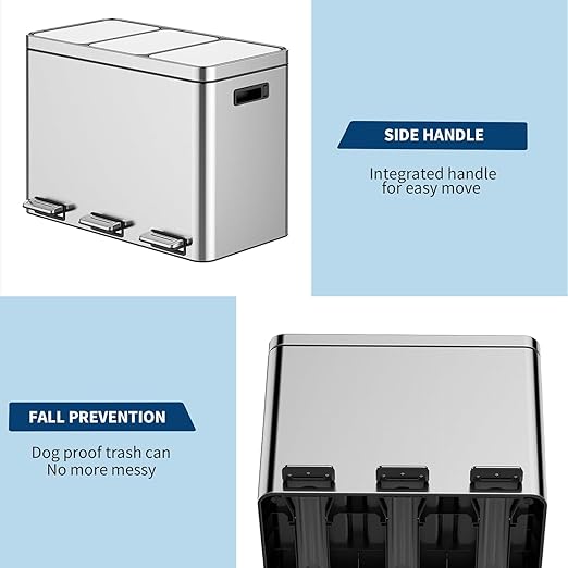 Garvee 12 Gallon Stainless Steel 3 Compartment Trash Can - 3x15L Recycling Bin with Soft-Close Lid, Fingerprint-Proof Kitchen & Office Waste Sorting Bin