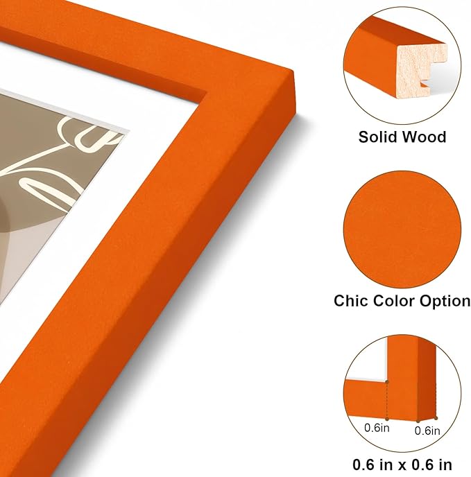 Vittanly 11x17 Picture Frame, Solid Wood Frame with Plexiglass, Includes 8x12 Mat, Wall Hanging for Photos, Home Decor, Orange, 1 Pack