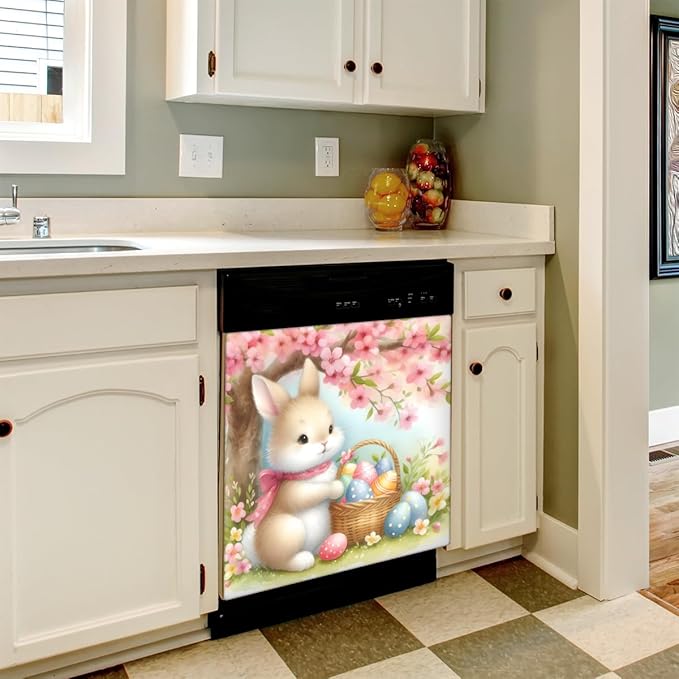 Cute Easter Bunny Flower Eggs Dishwasher Magnet Cover, Reusable Refrigerator Panel Stickers Microwave Front Door Covers Magnets for Kitchen Home Appliances Holiday Party Decorations 23 X 26 in