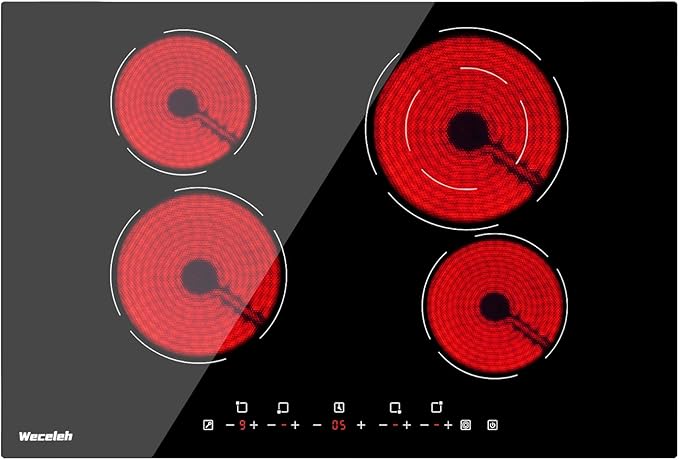 Electric Cooktop, 30 Inch Built-in Ceramic Cooktops 6400W, Electric Stove Top with 4 Burners 220-240V(No Plug), 9 Heating Levels, Child Lock, Sensor Touch Control, Residual Heat Warning