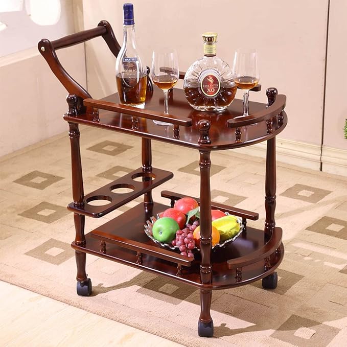 Entertainment Kitchen Cart, Midcentury Modern Imported rubberwood Brown Finished Wood 2-Tier Mobile Bar Cart Serving Cart