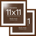 Homeforia 11x11 Picture Frame Brown, High-End Dark Oak 11 x 11 Square Brown Wood Frames with Mat 9 by 9 Photo, 11by11 Wooden Walnut Poster Frame Matted to 9x9 Print, Tempered Glass, Wall Kit, Set of 2