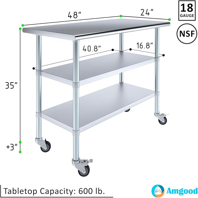 AmGood Stainless Steel Work Table with 2 Shelves and Casters | Metal Utility Table On Wheels (Stainless Steel Work Table with 2 Shelves + Casters, 48" Long x 24" Deep)