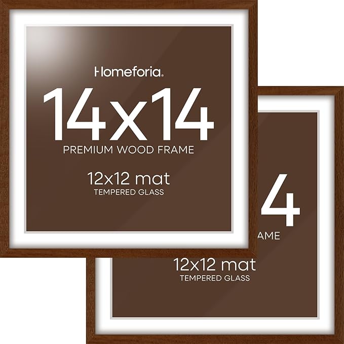 Homeforia 14x14 Picture Frame Brown, High End Dark Oak 14 x 14 Square Wood Frame with Mat 12 x 12 for Photo, 14by14 Wooden Walnut Poster Frame Matted to 12x12 Print, Tempered Glass, Wall Kit, Set of 2