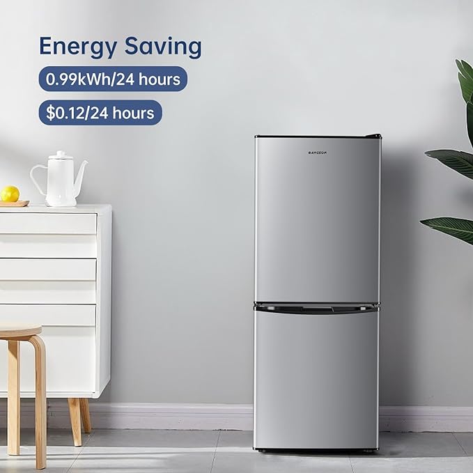 BANGSON 4.0 Cu.Ft Small Refrigerator with Freezer, Small Fridge with Bottom Freezer, for Apartment, Bedroom, Dorm, and Office, Double Door, Stainless Steel, Silver