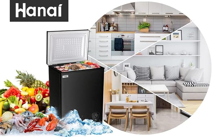 Chest Freezer 3.5 cu.ft Small Deep Freezer Mini Outdoor Black Chest Freezers with 7 Temperature and Removable Basket Settings Ideal for Apartment Office RV Cabin Kitchen