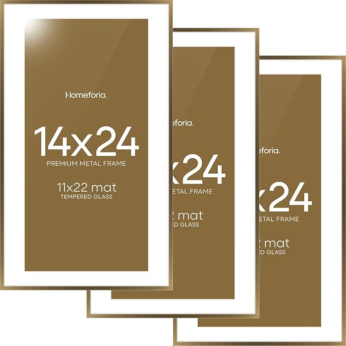 Homeforia 14x24 Picture Frame Bronze, High End Metal 14x24 Brass Poster Frames with Mat 11x22 Photo, 14 x 24 Frame Matted to 11 by 22 inch Print, 24by14 Thin Frames, Tempered Glass, Wall Kit, Set of 3