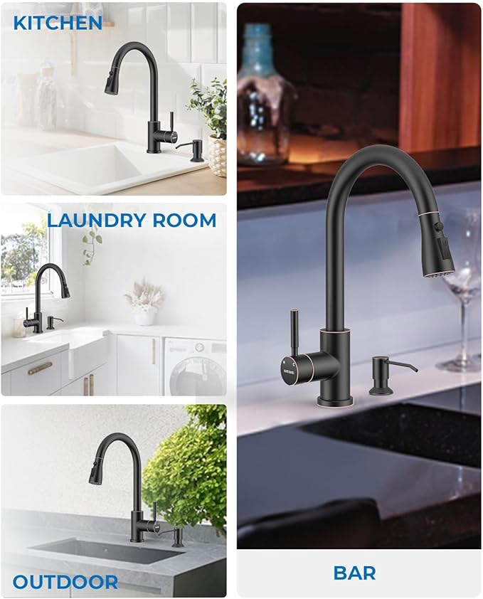 WEWE Kitchen Faucet with Pull Down Sprayer and Soap Dispenser, Stainless Steel Kitchen Sink Faucets, 3-Mode High Arc Single Handle Faucet for RV Farmhouse, Oil Rubbed Bronze