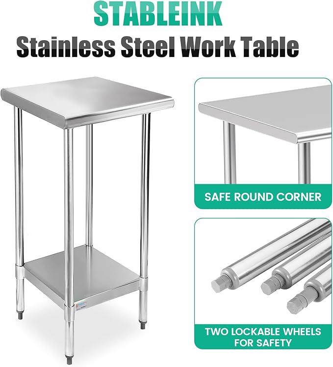 STABLEINK NSF Stainless Steel Table, 24 x 18 Inches Small Metal Prep & Work Table with Adjustable Undershelf, for Commercial Kitchen, Restaurant, Hotel and Garage