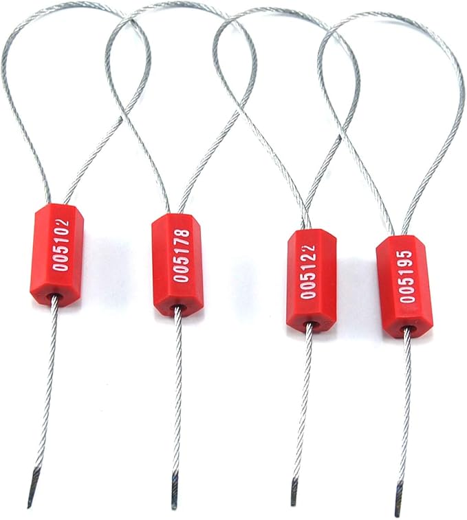 Steel Security Cable Seals Metal Numbered Security Tags Tamper Proof Pull-Tite Container Trailer Seal Ties Straps (Red, Pack of 100pcs)