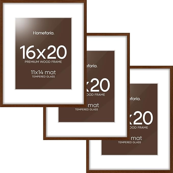 Homeforia 16x20 Picture Walnut Frame, High End Dark Oak 16x20 Wooden Brown Frames with Mat 11x14, 16 x 20 Wood Poster Frame Matted to 11 by 14, 20x16 Hanging Frames, Tempered Glass, Wall Kit, Set of 3