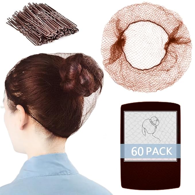 110Pcs Hair Net Brown Set- 24 inchess Invisible Nylon Wig Net 60Pcs - Perfect for Hair Buns, Kitchen Food Service,60pcs hair net and 50pcs U Shaped Hair Pins 2.4inch Women/Men