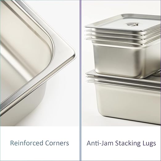 CURTA 6 Pack Anti-Jam Hotel Pans, 1/4 Size 4 Inch Deep, NSF Commercial 18/8 Stainless Steel Chafing Steam Table Pan, Catering Storage Metal Food Pan