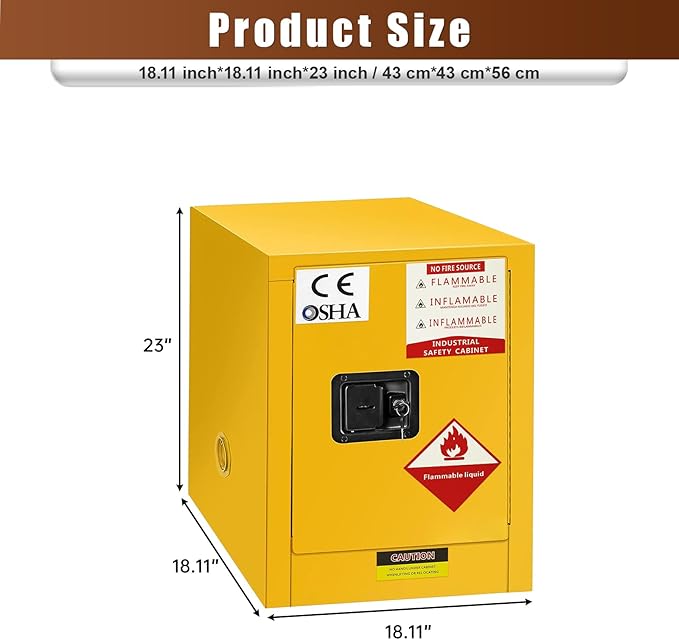 12 Gallon Flammable Storage Cabinet, 23×18×18in Galvanized Steel Safety Storage Cabinet, Adjustable Shelf Fireproof Cabinets, Flammable Liquid Storages Cabinets for Industrial and Home Use, Yellow
