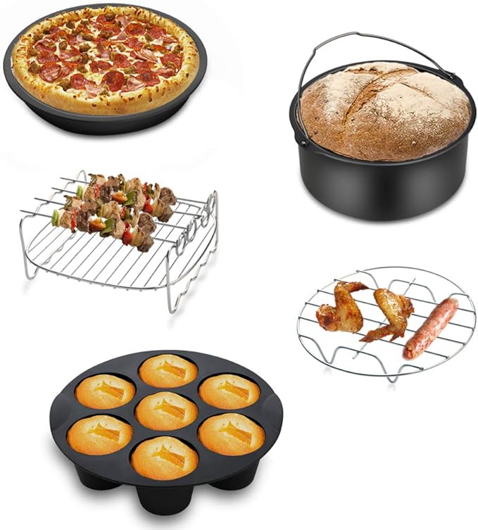 SIK Air Fryer Accessories 5PCS for GoWISE COSORI Philips Ninja Air Fryer, Fit 3.2- 5.8QT Deep Hot Air Fryer with Skewer Rack，Metal Holder, Toast Rack, Oil Brush, Food Tong, Dishwasher Safe BPA Free