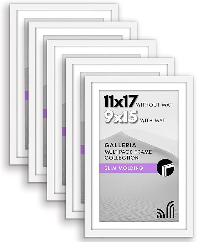 Americanflat 11x17 Picture Frame with Polished Plexiglass - Set of 5 - Use as 9x15 Frame with Mat or Display 11x17 Photo Without Mat - Galleria Collection - Picture Frames for Wall Display - White