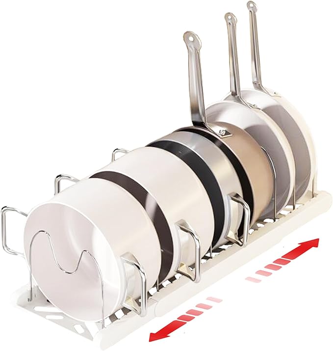Expandable Pot and Pan Organizer Rack with 7 Stainless Steel Adjustable Shelves, for Neatly Storing Cookware, Pots, Pans, Lid(White)