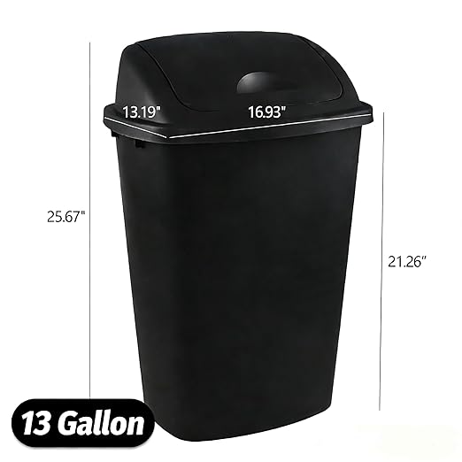 4-Pack 13 Gallon Plastic Swing Top Trash Can, Lidded Wastebasket Garbage Can for Kitchen, Garage, or Workspace, Black