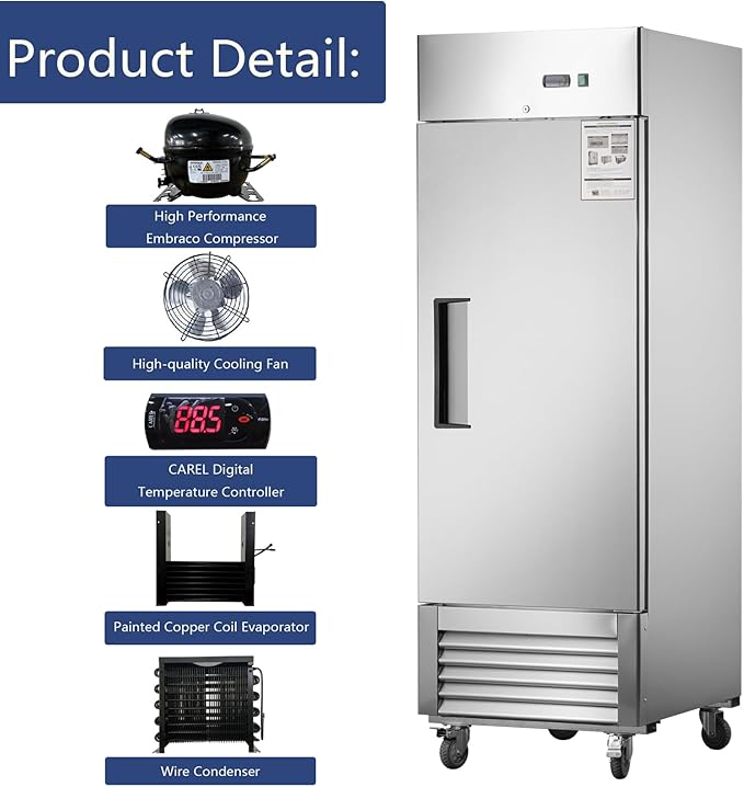27" Commercial Refrigerator,Single Solid Door Stainless Steel Reach-in Refrigerator 18.68 Cu.ft. Upright Fan Cooling for Restaurant, Bar, Shop, Home, Garage, Business, Kitchen, ETL & DOE