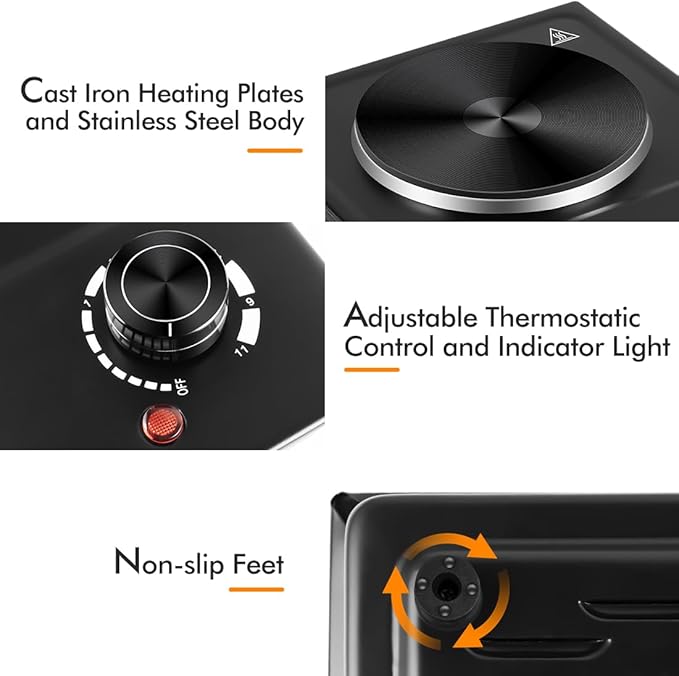 CUSIMAX Hot Plate, Single Burner Electric Cooktop, 1500W Electric Burner Hot Plate for Cooking with Adjustable Temperature, Portable Countertop Burner Stainless Steel, Black, New Model